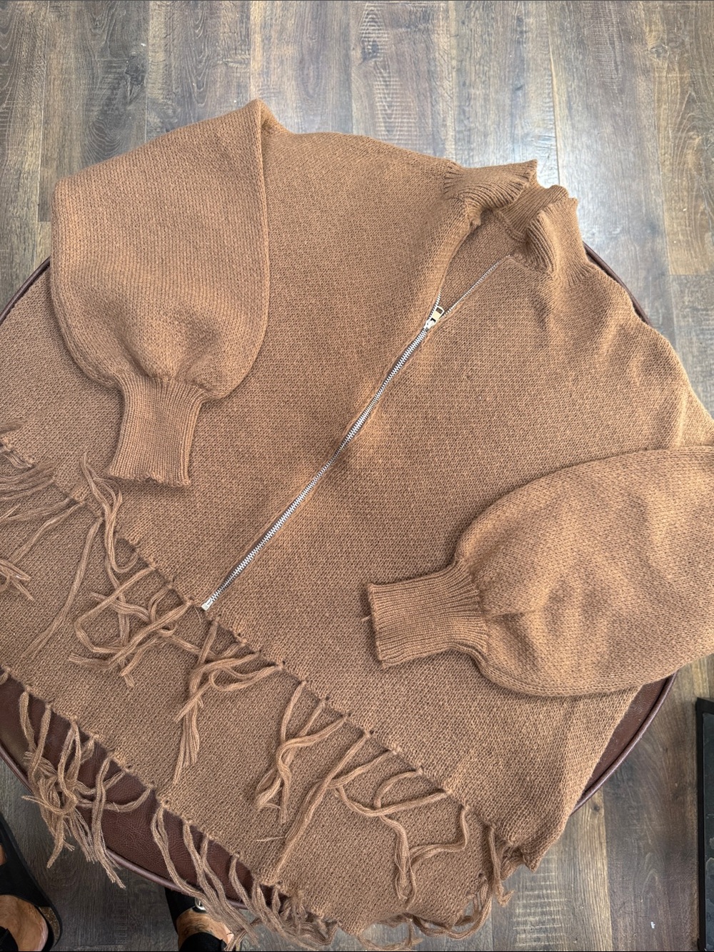 Classic Brown Fringe Zip-Front Women's Sweater